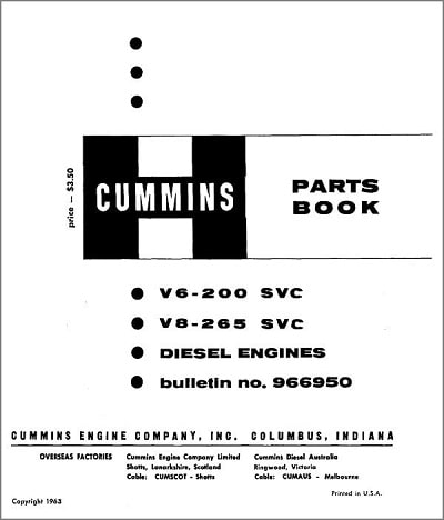 Cummins V6-200 V8-265 SVC Parts Book for Diesel Engines