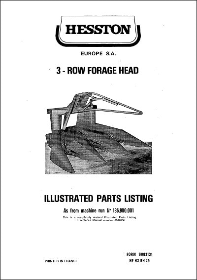 Hesston 3 Row Forage Head Parts Manual
