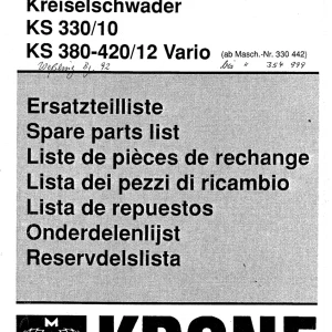 Krone Ks330 10 380 12 420 12 Vario Parts Manual
