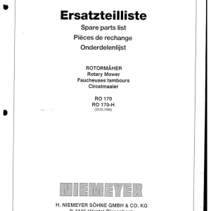 Niemeyer Mower Ro170 Ro170H 1988 Parts Manual