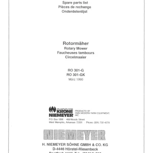 Niemeyer Mower Ro301G Ro301Gk 1990 Parts Manual
