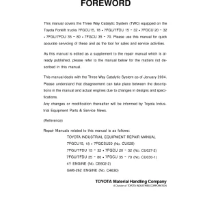 Toyota 7Fgcu15 18 20 32 7Fgu15 32 7Fdu35 80 2004 Service Manual