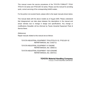 Toyota 7Fgu 7Fdu15 32 7Fgcu20 32 2005 Service Manual
