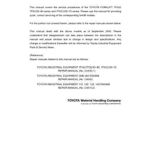 Toyota 7Fgu 7Fdu35 80 7Fgcu35 70 2005 Service Manual