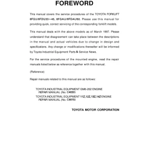 Toyota 6Fgu 6Fdu 33 45 6Fgau 6Fdau 50 1997 Service Manual