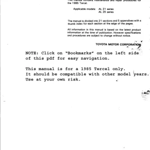 Toyota Tercel 4Wd 1985 1985 Service Manual